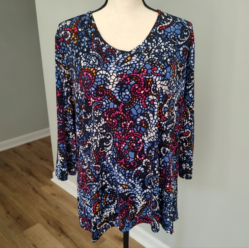 Susan Graver Mosaic Knit V-Neck Top Blue Pink XL